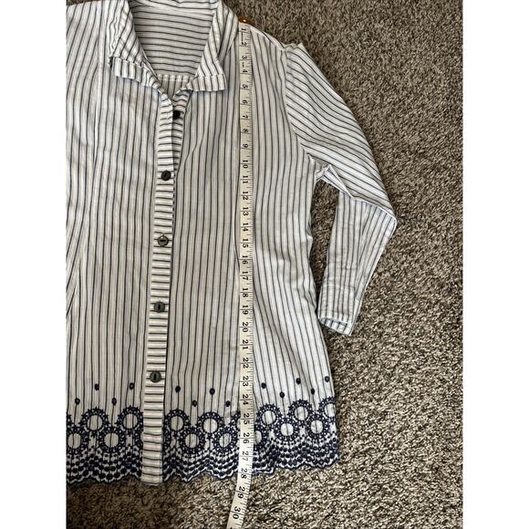 Womens Medium Linen Feel Top Long Sleeves Collared Striped Blue Embroidered - Picture 11 of 12